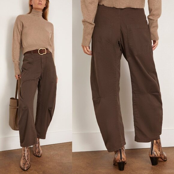 Nili Lotan Shon Pant Chocolate Brown Twill Cotton Barrel Leg Crop Hemmed Size 0 - Picture 2 of 11